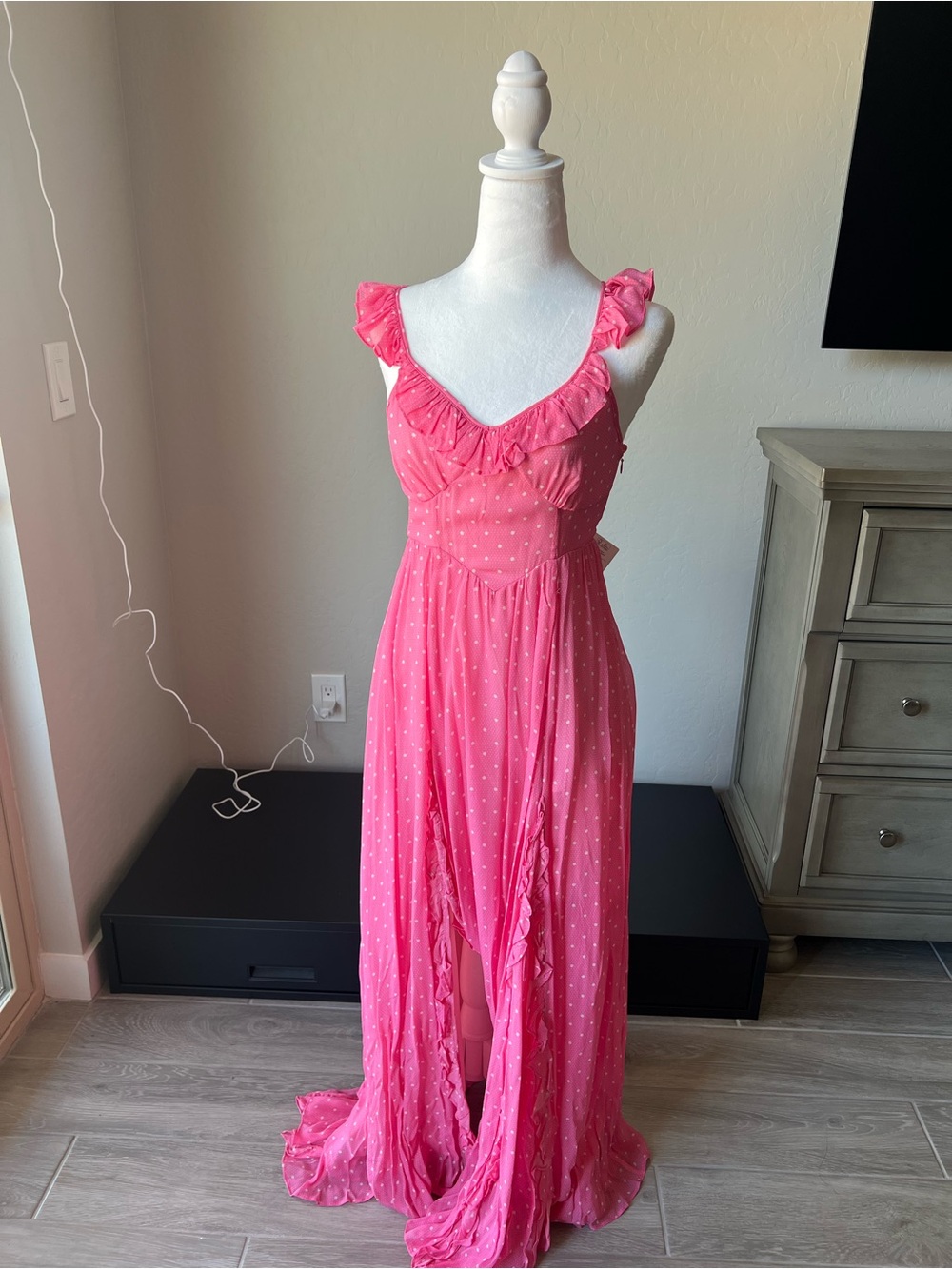 LoveShackFancy Hot Pink Polka Dot Ruffle Maxi Dress
